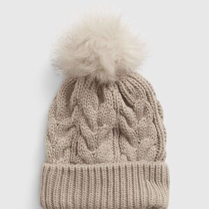 Cupcakes and Cashmere Women Cream Knit Winter Faux Fur Pom Pom Bobble Hat Beanie